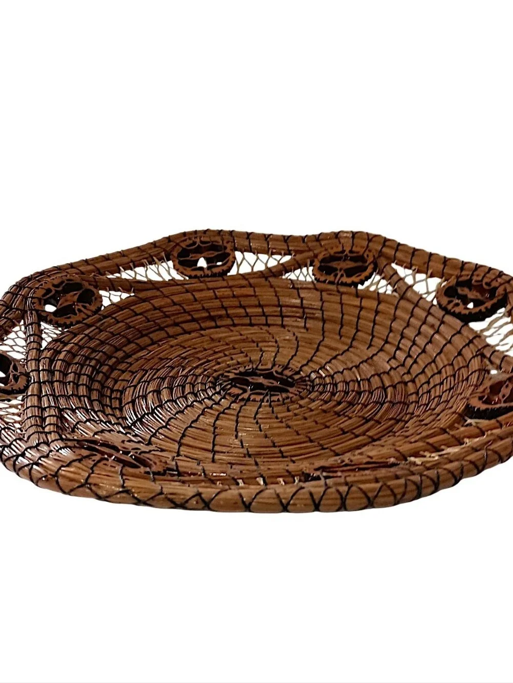 Vintage Long Pine Needle Basket Walnut Slice Inserts Coiled Folk Art Hand Woven